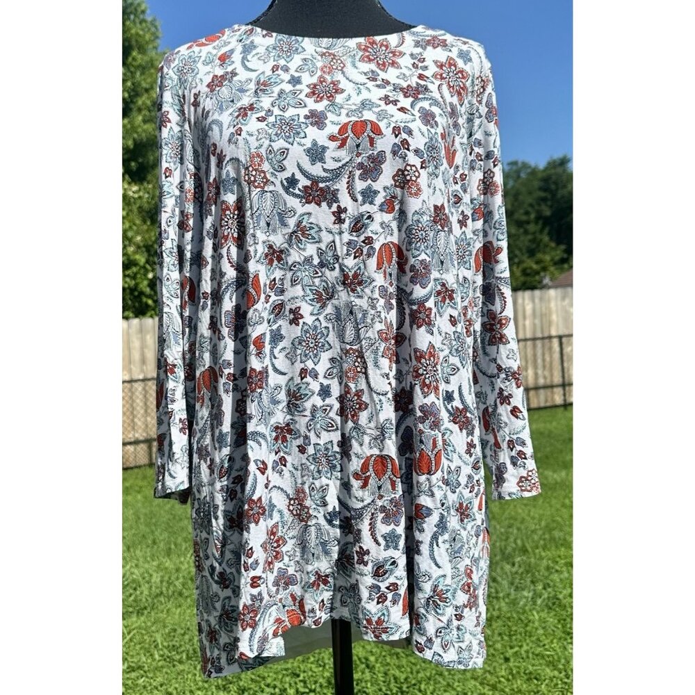 J. JILL Wearever Coll.‎ Floral Tunic Top Sz Lg TALL Blue/Auburn Split Back Flowy